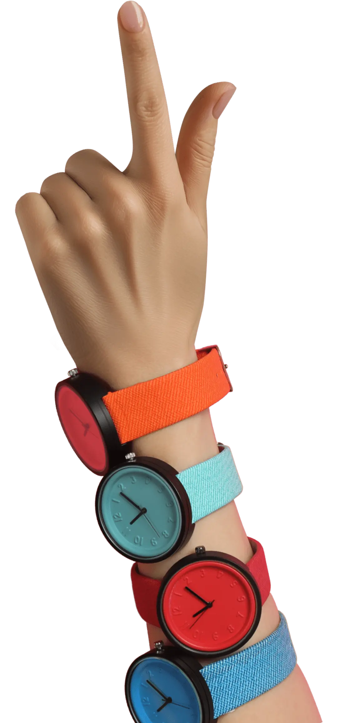A hand pointing up with index finger, wearing three watches in orange, teal, and red.