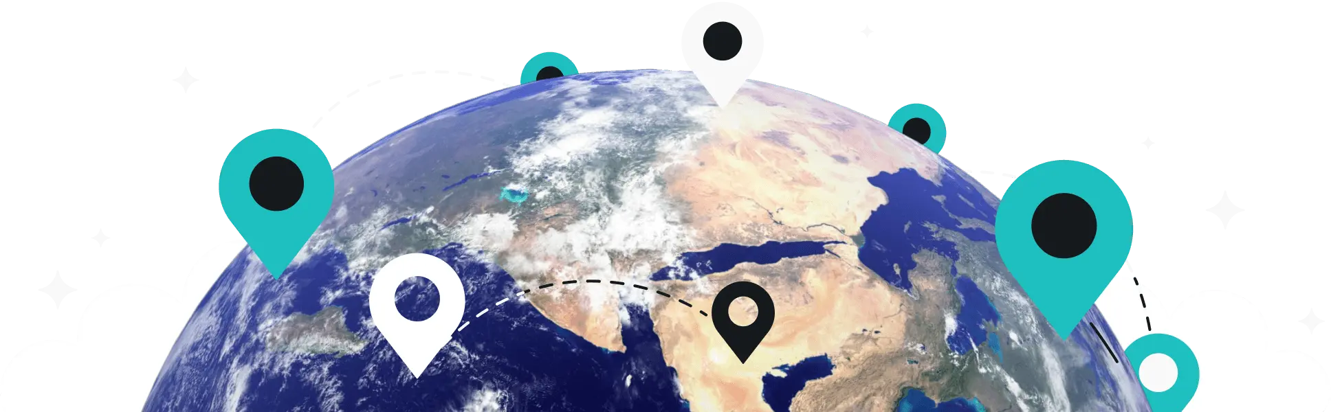 A globe with many pins pointing to different locations.
