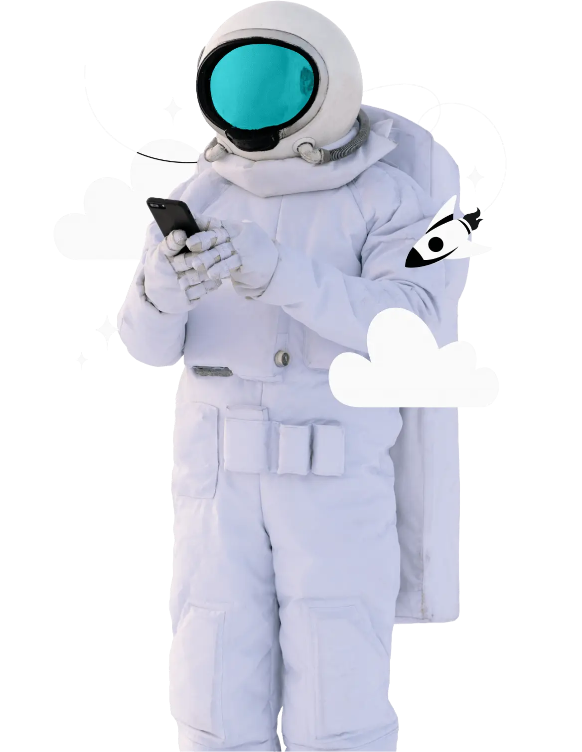 A person in an astronaut suit using a mobile phone.